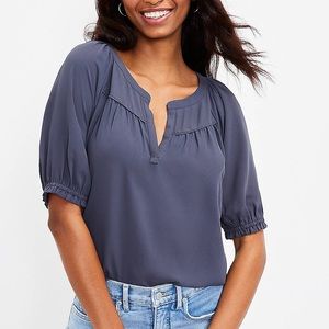 NWT LOFT Split Neck Mixed Media Top in Blue-Gray, Size M